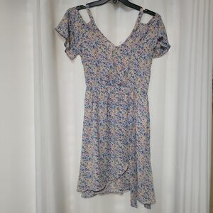 Floral Cold-Shoulder V-Neck Summer Dress - Blue/Pink